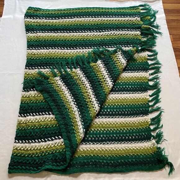 Handmade Granny Afghan Striped Green Throw Blanket - Picture 2 of 5